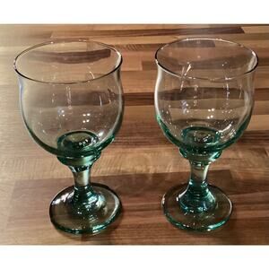Set of 2 Libbey Clarion Spanish Green Stemmed Water Wine Glasses Goblets 6.75”